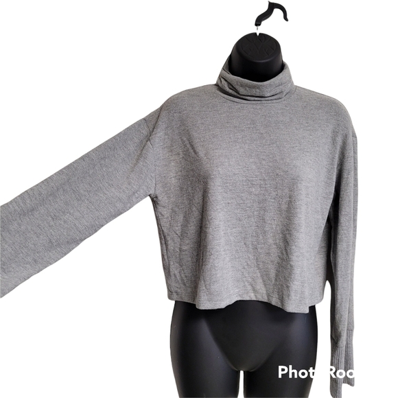 Project Social T Grey Drop Shoulder Ribbed Cuff Long Sleeve Crop Turtleneck Top - Picture 2 of 10